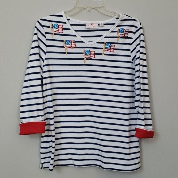 Quacker Factory Top Womens M Sequin American Flag Soft V Neck White Navy Stripes - Picture 1 of 6